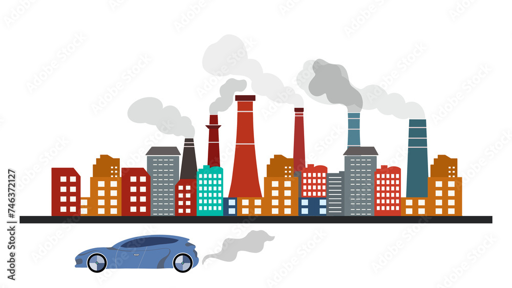 Obraz premium Power plant in city, Industrial chimneys from factory, Metallurgical industrial factory, Poisoned air, Epic pollution of nature, Toxic substances. smoke moving, car exhaust pipe with engine running