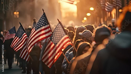 A crowd of people marches down a street, proudly waving American flags in unity and solidarity