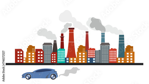 Power plant in city, Industrial chimneys from factory, Metallurgical industrial factory, Poisoned air, Epic pollution of nature, Toxic substances. smoke moving, car exhaust pipe with engine running
