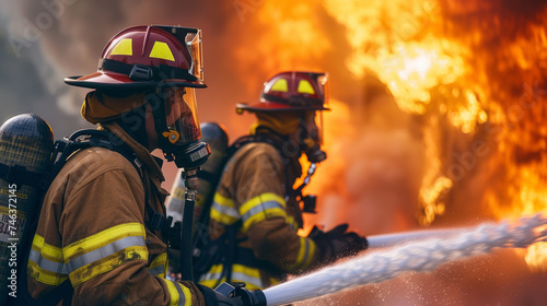 firemen using fire hose to extinguish a fire Inside burning building,generative ai photo