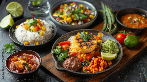 Colorful Assortment of Mexican Dishes with Grilled Fish, Rice, Guacamole, Beans, Soup, and Vegetables on Rustic Table