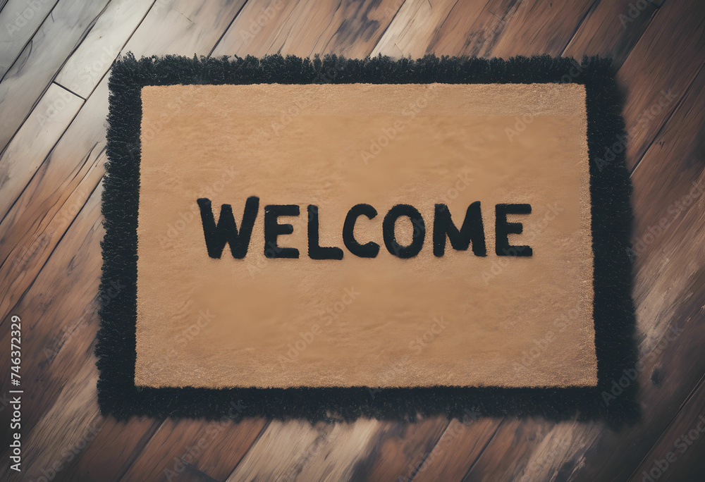 The word WELCOME written on a door mat. - obrazy, fototapety, plakaty 