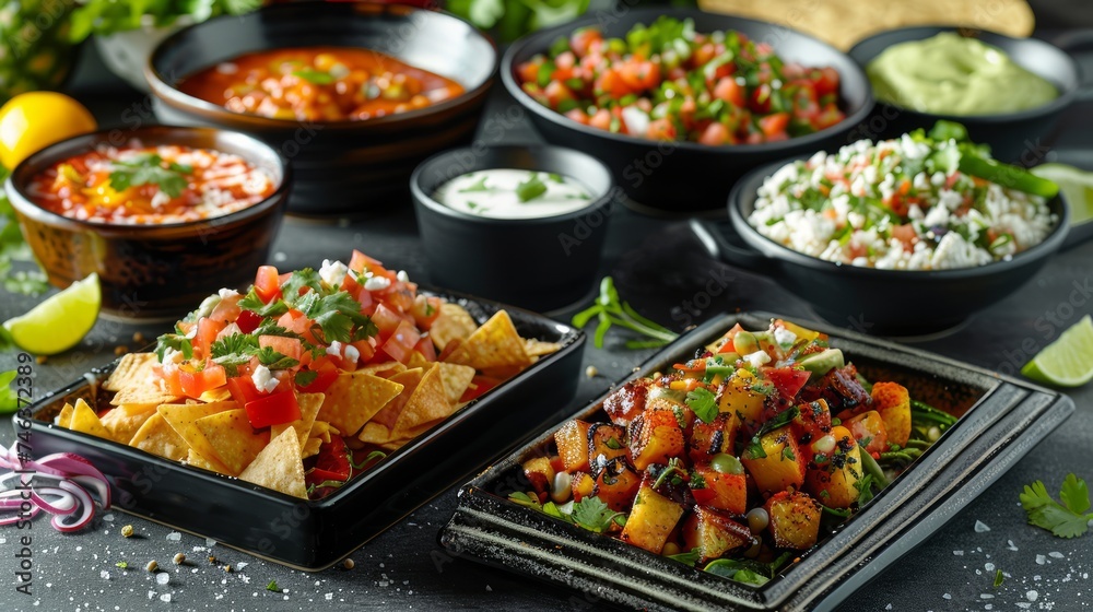 Assorted Mexican Appetizers with Guacamole, Salsa, Nachos and Grilled Spicy Corncobs on Dark Table Assorted Mexican Appetizers with Guacamole, Salsa, Nachos and Grilled Spicy Corncobs on Dark Table