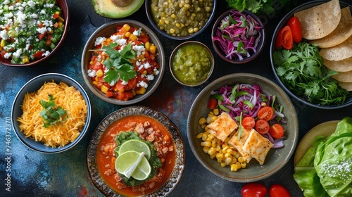 Assorted Mexican Dishes on Blue Background Featuring Tacos, Guacamole, Chili Con Carne and Fresh Ingredients