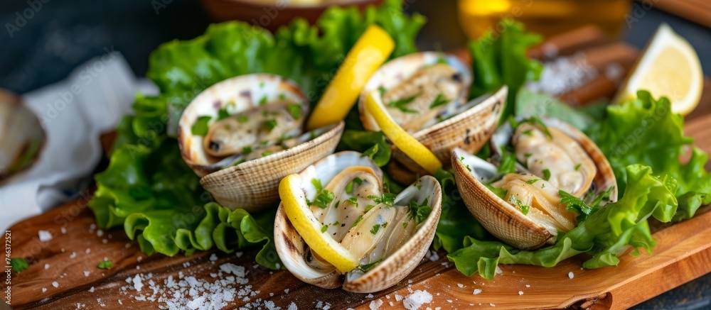 Delicious plate of fresh clams garnished with sliced lemons and parsley, ready to serve seafood dish