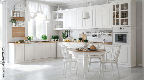 Modern bright kitchen interior with white furnit.