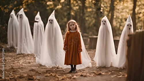 A young girl boldly stands before a gathering of ghostly figures, showcasing an eerie and surreal scene photo