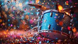 Drum kit with confetti on bokeh background, close up