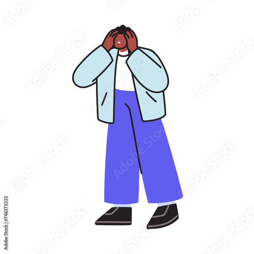 Socked feared confused man grabbing head in panic, stress after failure, prob...