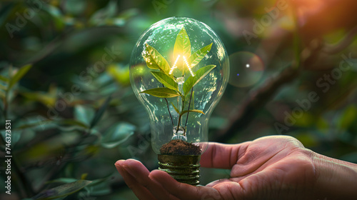 Hand holding light bulb against nature on green leaf with energy sources, Sustainable developmen and responsible environmental, Energy sources for renewable, Ecology concep