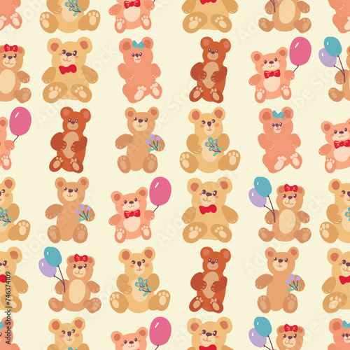 Fototapeta Naklejka Na Ścianę i Meble -  Brown and white teddy bears holding balloons in a seamless pattern