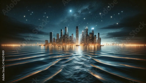 cityscape at night with skyscrapers illuminated against a dark sky filled with stars