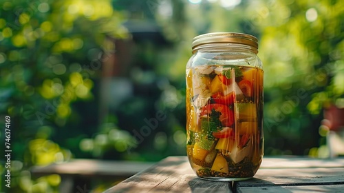 One big jar or pot full of fresh organic and colorful vegetables from agricultural labor, placed on a wooden table outdoors, in nature. Pickled healthy vegetarian food, homemade products.