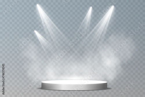 Stage with directional light on transparent background, white light, empty stage and studio room with floating smoke. For product demonstrations. 