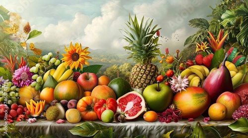 Table of fruits and berries icon. Mango, banana, pineapple, watermelon, nectorine, avocado, bell pepper, grapes, apple, strawberry. Generated by AI