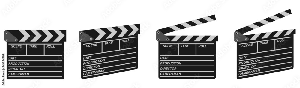 clapper board or clapperboard vector set. close and open clapper board with different view. vector illustration isolated white background.