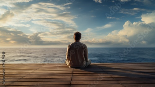 Meditating man sitting on a single wooden deck