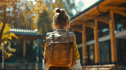 Rearview photography of a young girl wearing a backpack in the sunny morning, looking at the school building. Female child first day in educational institution year, kindergarten rucksack September. photo