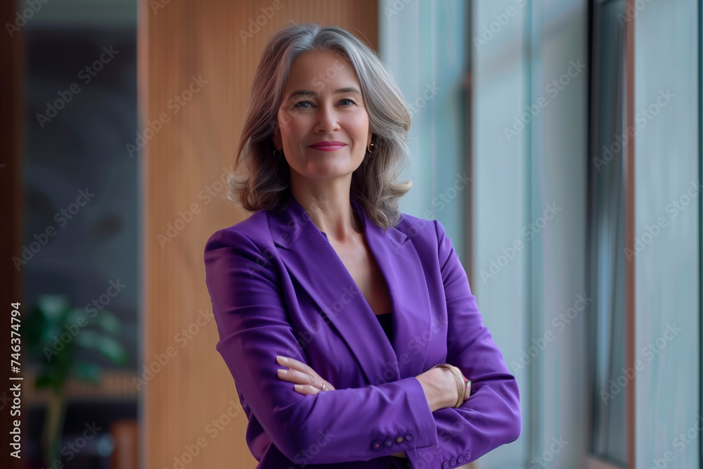 Happy middle aged business woman ceo standing in office arms crossed. Smiling mature confident professional executive manager, proud lawyer, businessman leader wearing violet suit Happy middle aged business woman ceo standing in office arms crossed. Smiling mature confident professional executive manager, proud lawyer, businessman leader wearing violet suit