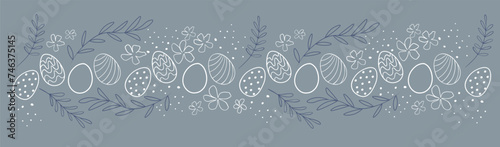 Hand drawn Easter eggs with leaves and flowers lined up, fun hanging easter decoration, great for banners, wallpapers, cards 