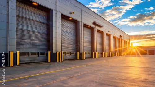 Warehouse gates for loading and unloading cargo in a distributed center. Loading and unloading areas for trucks. The warehouse building is outside.