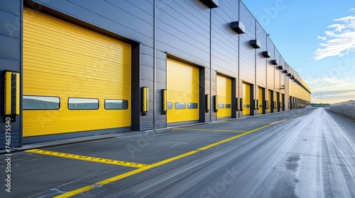 Warehouse gates for loading and unloading cargo in a distributed center. Loading and unloading areas for trucks. The warehouse building is outside.
