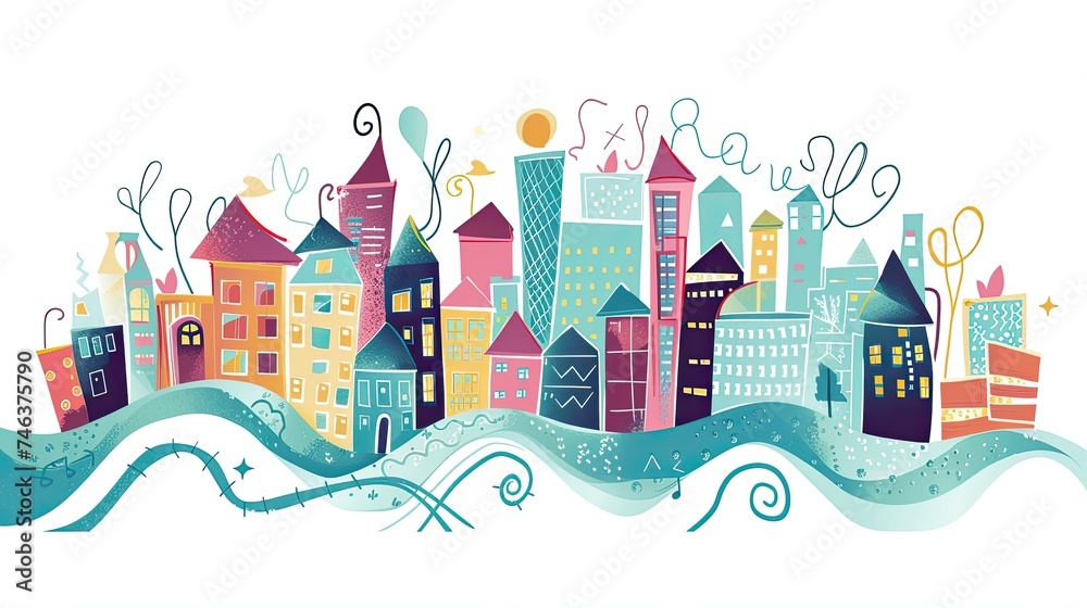 Abstract doodle cityscape icon. Playful, vibrant, artistic, urban, imaginative, fantasy, skyline, architecture, sketch, creative, doodling, city life. . Generated by AI