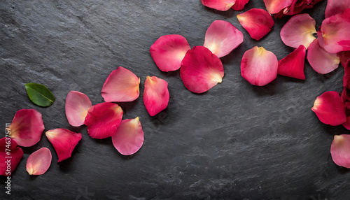 Rose petals spread around on textured black stone background. Valentine's day, mother's and women's day concept. copy space for your text
