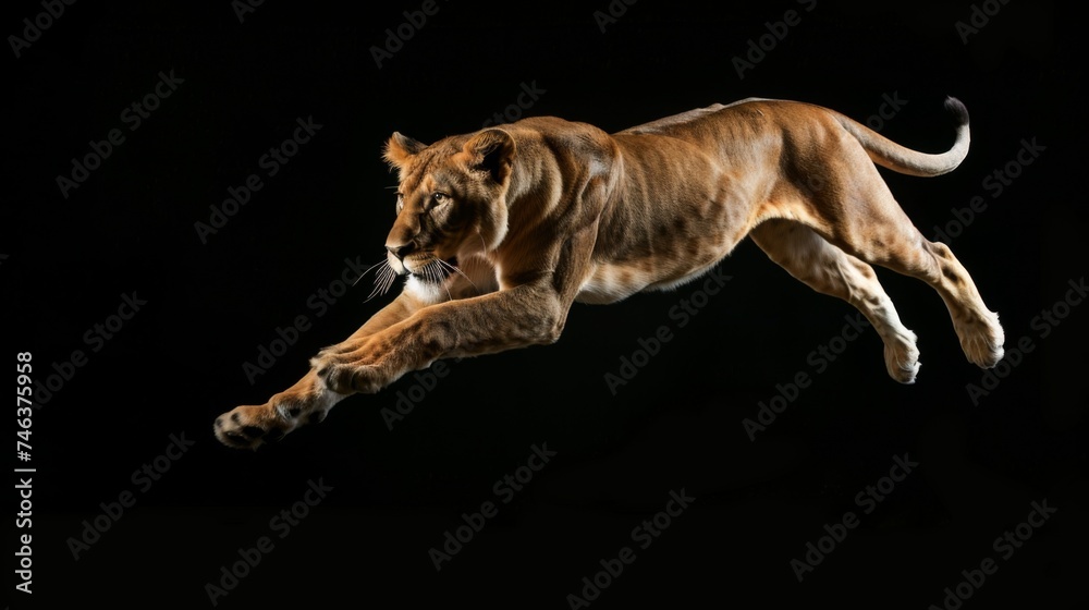Fototapeta premium Lion jump on a black background. Flying animal.