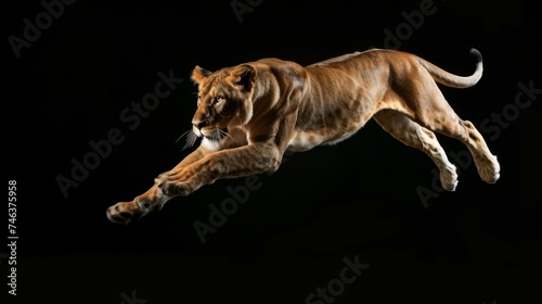 Lion jump on a black background. Flying animal.