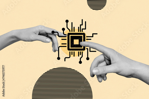 Canvas Print Collage photo illustration of modern microchip processor point fingers new techn