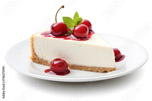 Piece of cheesecake with berries and mint isolated on white background