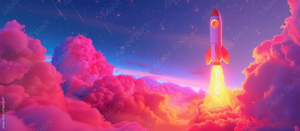 Fototapeta premium Illustration space rocket launch flying over cloud from earth. AI generated image