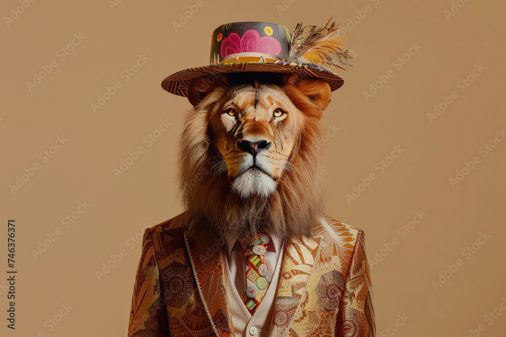Regal lion in elegant suit with a bright pattern and decorative hat on beige studio backdrop