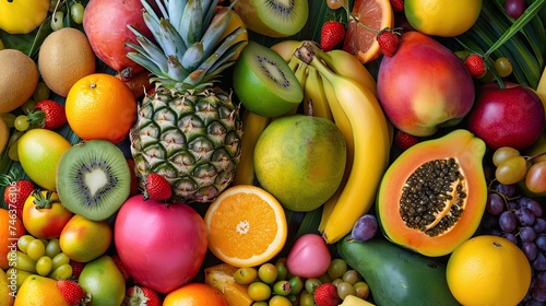 Fruit buffet icon. Sweetness, vitamins, freshness, taste, grapefruit, banana, pineapple, lemon, citrus, kiwi, apples, tangerine. Generated by AI