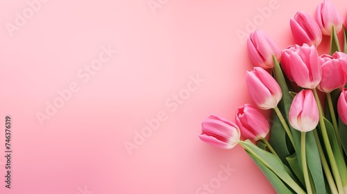 Top view of tulips lying on empty background © Spyrydon