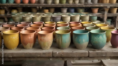 Texture of freshly painted kilnfired ceramics revealing the glossy and polished surface created by the heat and glaze during the final stage of the process. photo