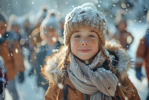 Little Girl in Hat and Scarf Playing in Snow photo