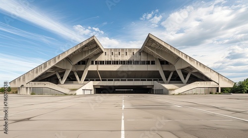 Brutalist sports arena with massive concrete roof. Architectural , modernist design, sporting venue, imposing structure, urban landscape, brutalism, industrial, monumental.. Generated by AI.