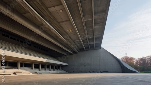 Brutalist sports arena with massive concrete roof. Urban architecture, modernist design, sporting venue, architectural landmark, brutalism, industrial, monumental. Generated by AI.