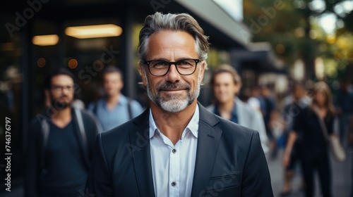 businessman in glasses poses in front of office with people behind him.