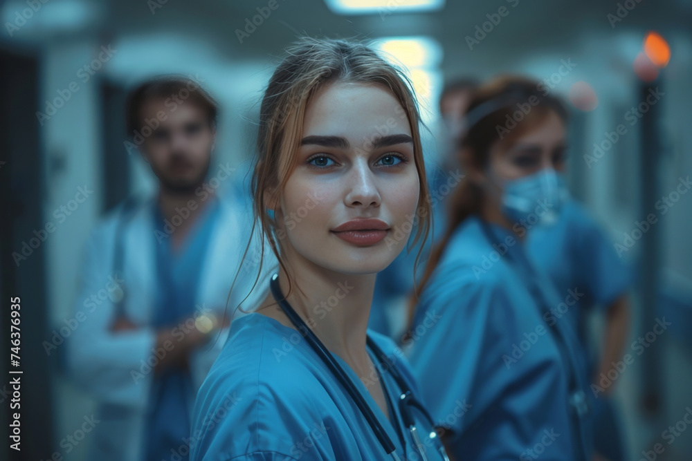 Fototapeta premium Woman With Stethoscope Standing in Hallway
