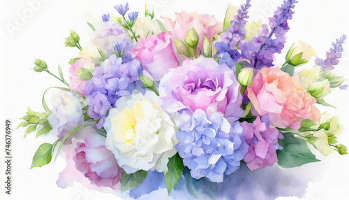 Watercolor bouquet of blue and pink flowers on a white background
