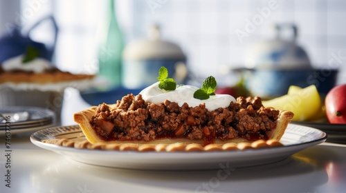 Delicious tourtiere traditional french canadian meat pie on blurred kitchen background