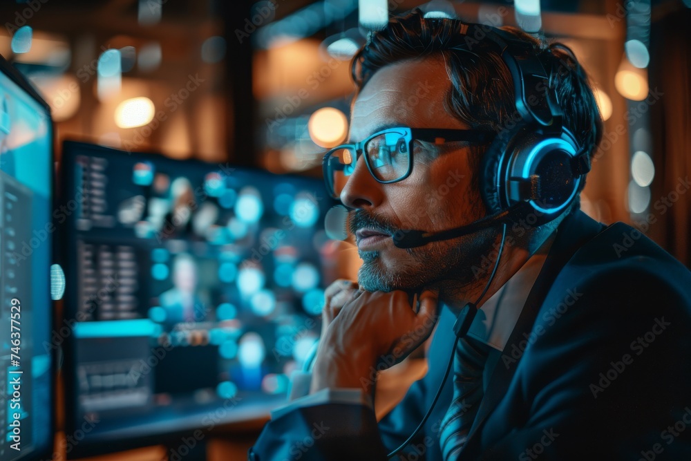 Man Wearing Headphones at Computer Monitor