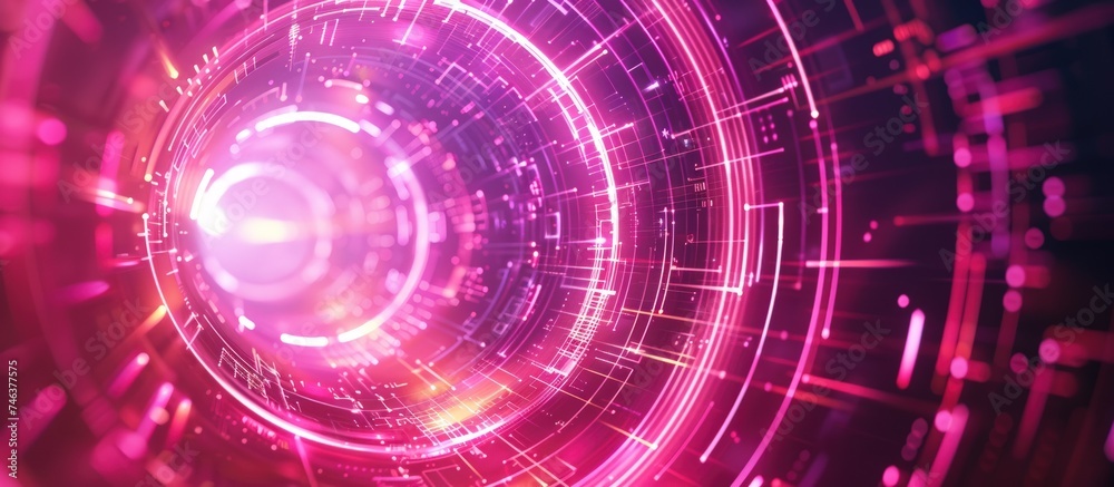 Fototapeta premium Radial abstract laser neon light lines move along a circular geometry background. AI generated image