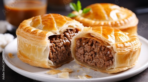 French canadian tourtiere meat pie on blurred kitchen background with copy space photo