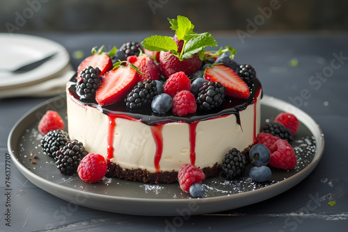 Homemade berry fruit cheesecake on dark background. Cozy atmospheric food photo