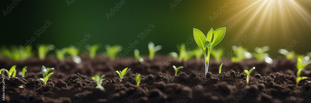 Close-up tender first sprouts of soybean in the open field over sunrise. Agricultural plants. The soybean plant stretches towards sun. plant tree. Copy space banner. Close-Up Of Fresh Green Plant - obrazy, fototapety, plakaty 