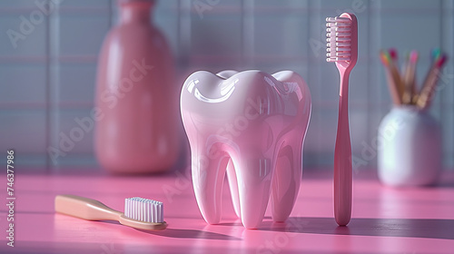 illustration of 3d healthy white tooth and a tooth brush against a blue background,generative ai